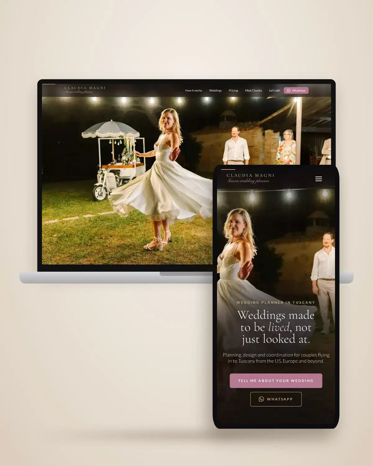 Il sito Tuscan Wedding Planner su computer e telefono